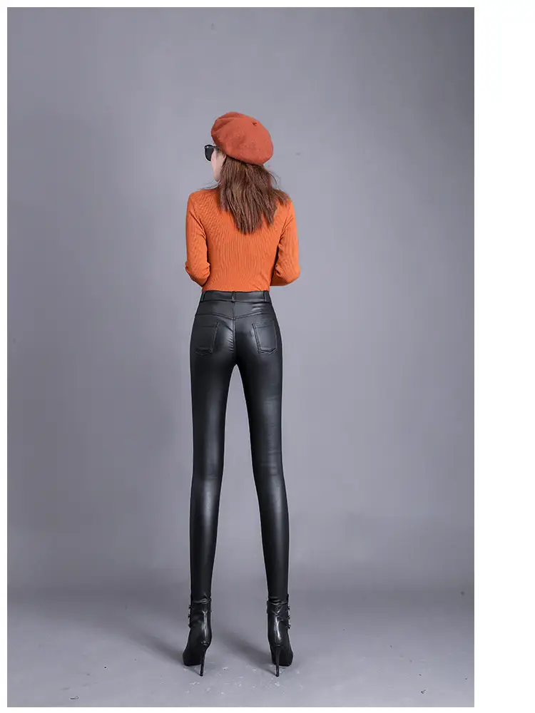 Women Matte Leather Slimming Black High Waist Pants — feature 10