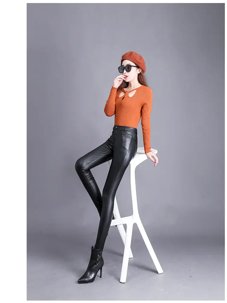 Women Matte Leather Slimming Black High Waist Pants — feature 11