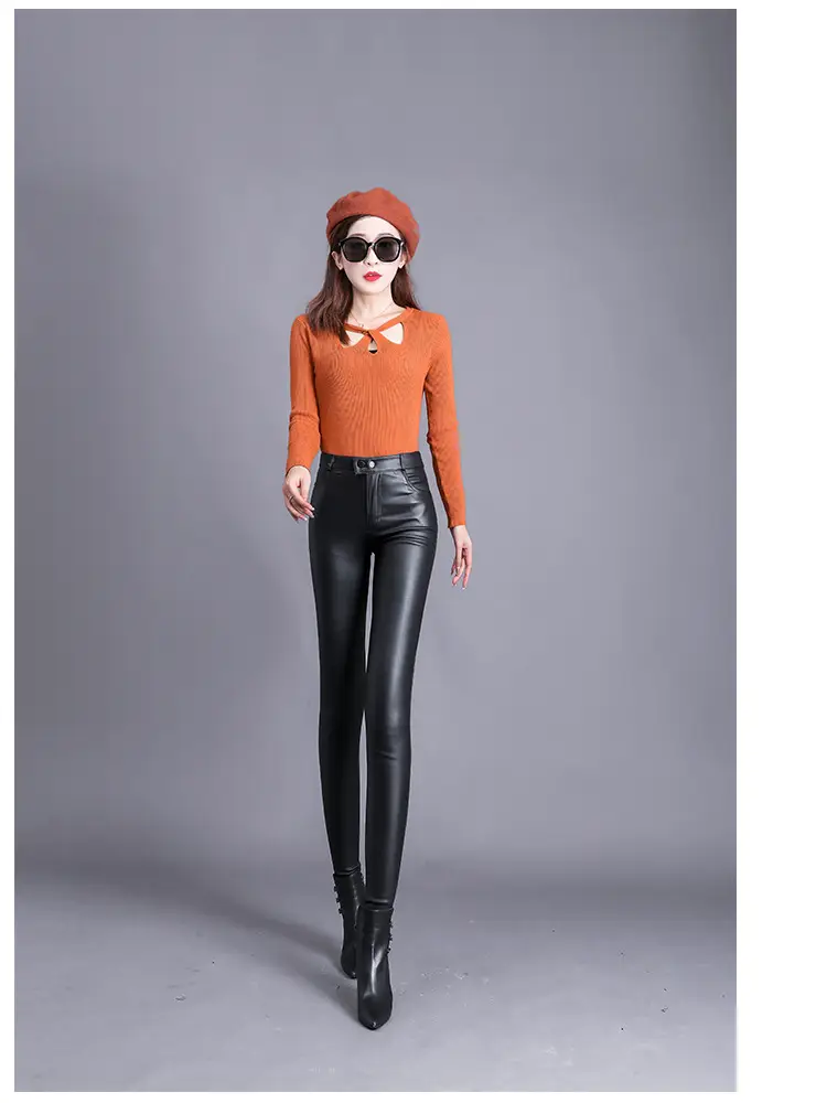 Women Matte Leather Slimming Black High Waist Pants — feature 6