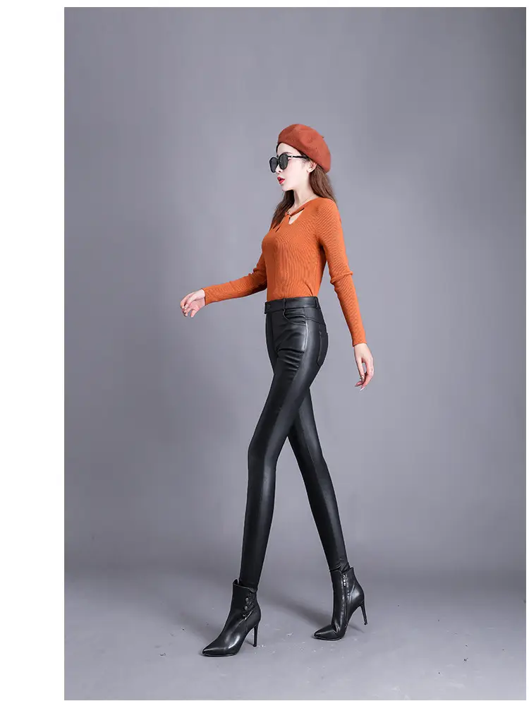 Women Matte Leather Slimming Black High Waist Pants — feature 7