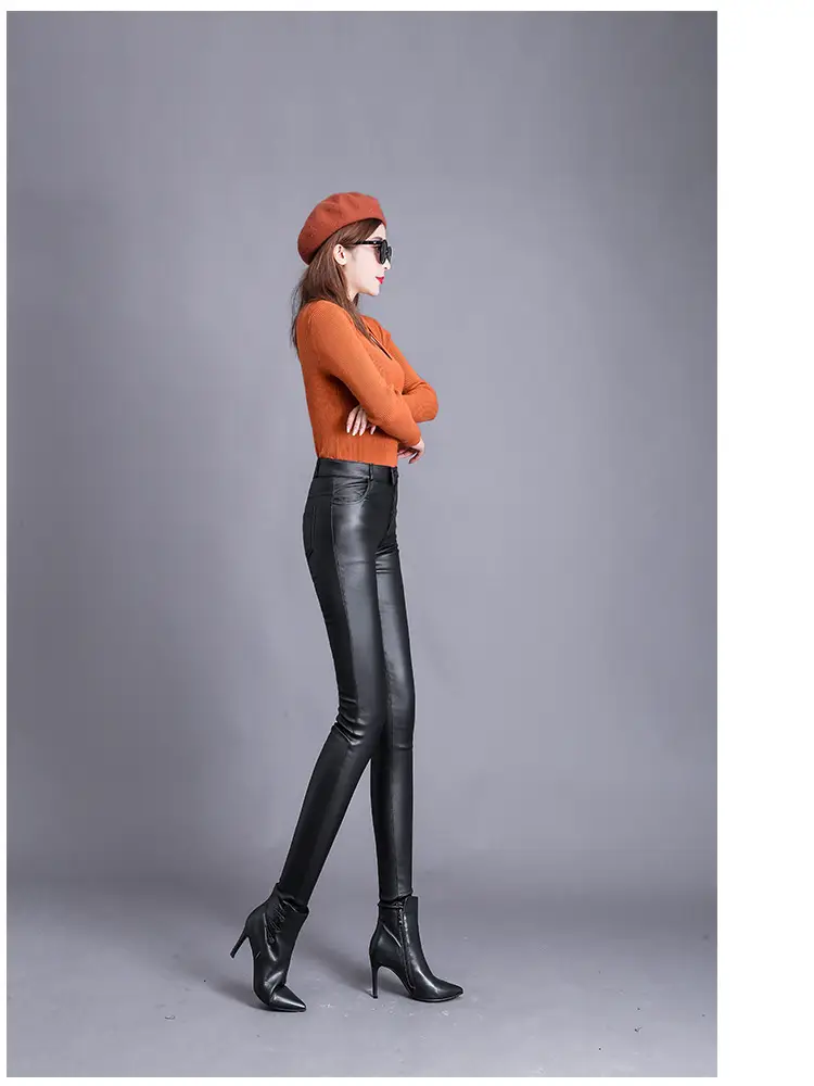 Women Matte Leather Slimming Black High Waist Pants — feature 8