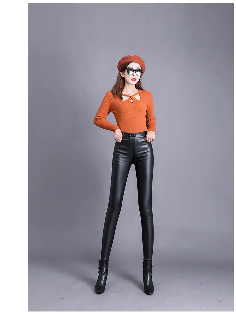 Women Matte Leather Slimming Black High Waist Pants — feature 9