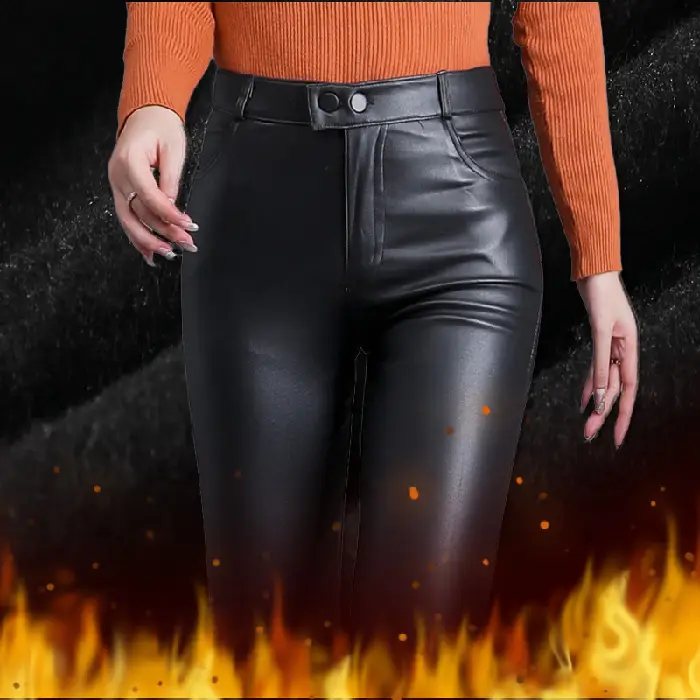 Women Matte Leather Slimming Black High Waist Pants - Image 2
