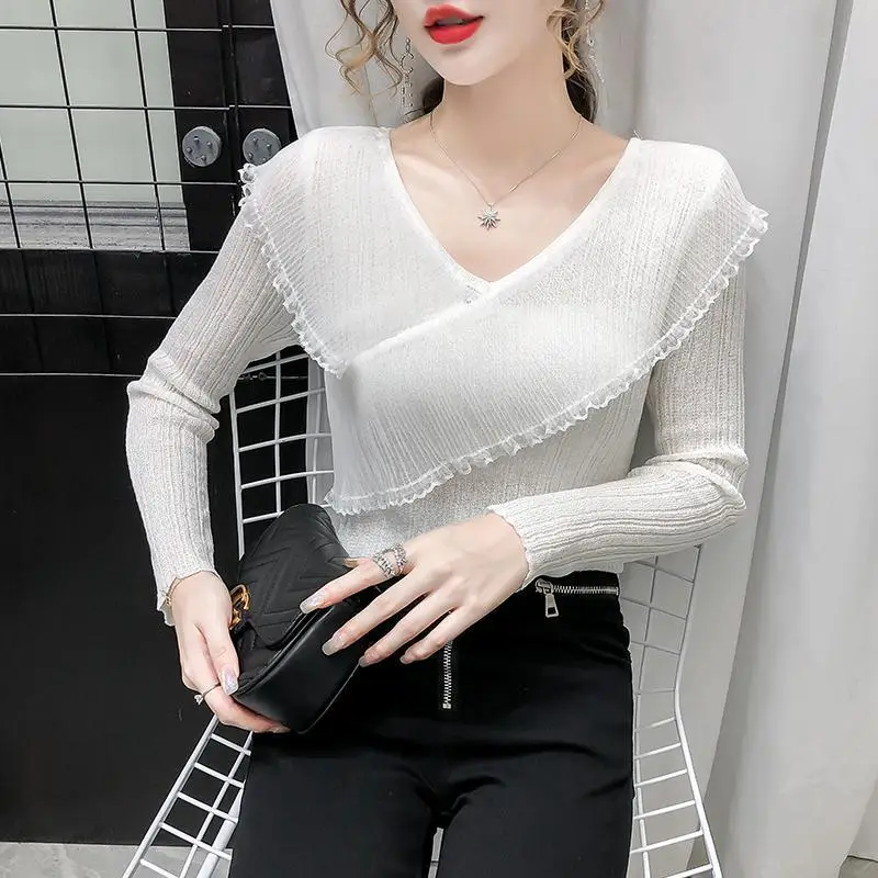 Ice Silk Knit V-Neck Ruffled Top for Women - Image 9