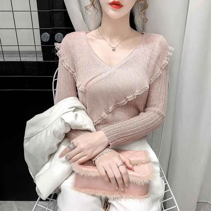 Ice Silk Knit V-Neck Ruffled Top for Women - Image 10