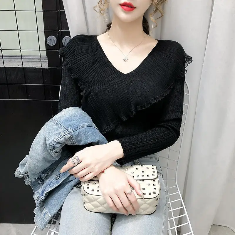 Ice Silk Knit V-Neck Ruffled Top for Women - Image 3