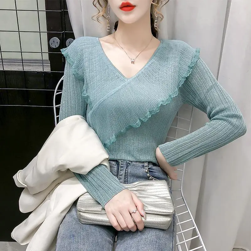Ice Silk Knit V-Neck Ruffled Top for Women - Image 4