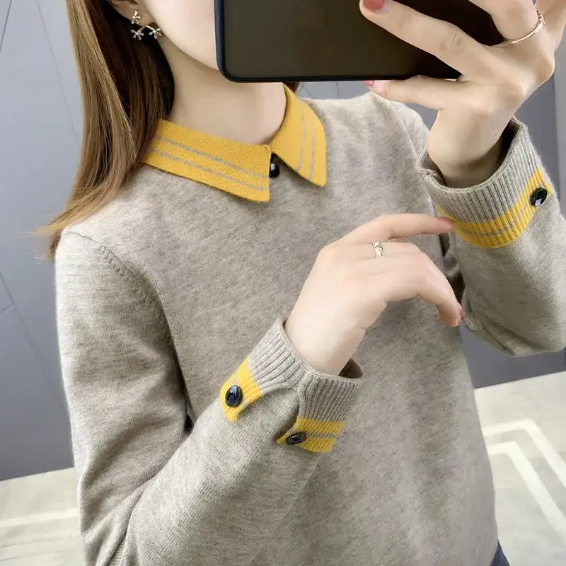 Women Grey Knit Collar Sweater 2026 Winter - Image 9