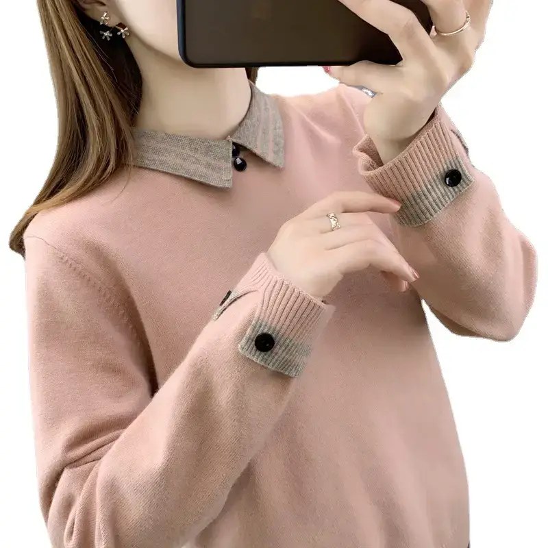 Women Grey Knit Collar Sweater 2026 Winter - Image 10