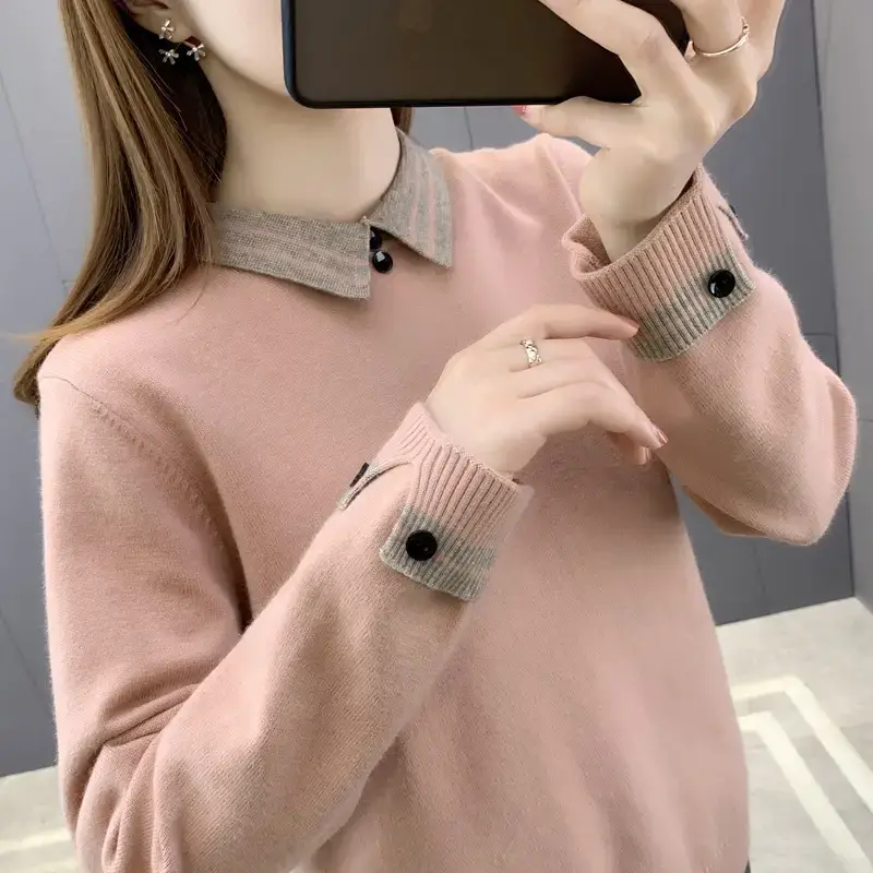 Women Grey Knit Collar Sweater 2026 Winter - Image 2