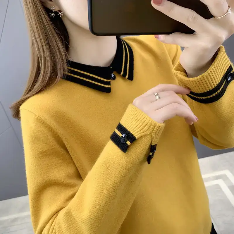 Women Grey Knit Collar Sweater 2026 Winter - Image 3