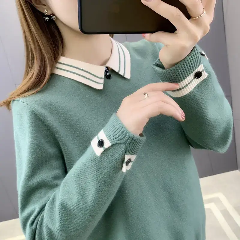 Women Grey Knit Collar Sweater 2026 Winter - Image 4