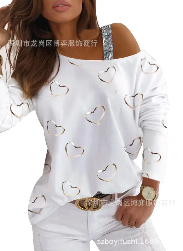 New European Love Heart Print Off Shoulder Top - Image 3