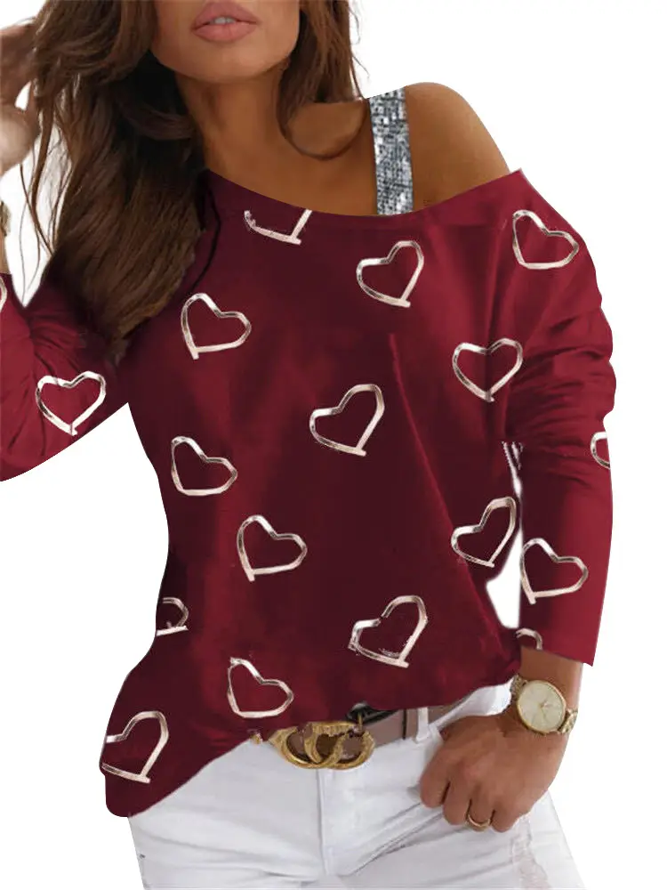 New European Love Heart Print Off Shoulder Top - Image 2