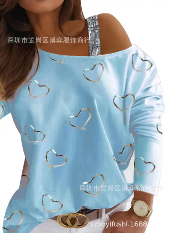 New European Love Heart Print Off Shoulder Top - Image 4