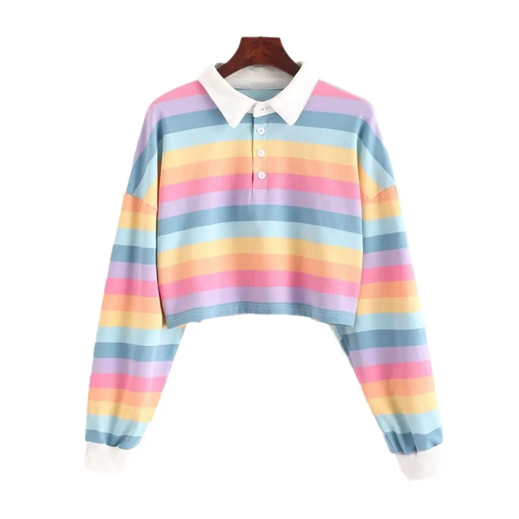 Women Rainbow Striped Polo Collar T-Shirt 2024 Spring Autumn Casual Short Jacket - Image 30