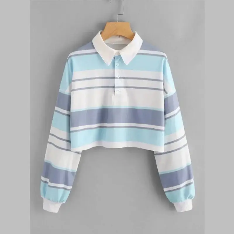 Women Rainbow Striped Polo Collar T-Shirt 2024 Spring Autumn Casual Short Jacket - Image 15