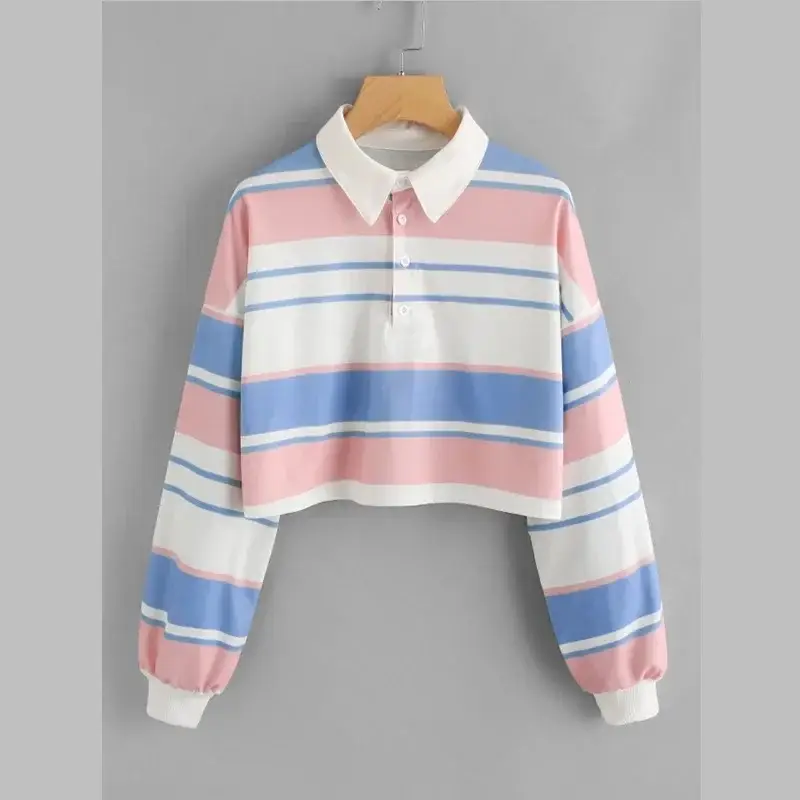 Women Rainbow Striped Polo Collar T-Shirt 2024 Spring Autumn Casual Short Jacket - Image 20