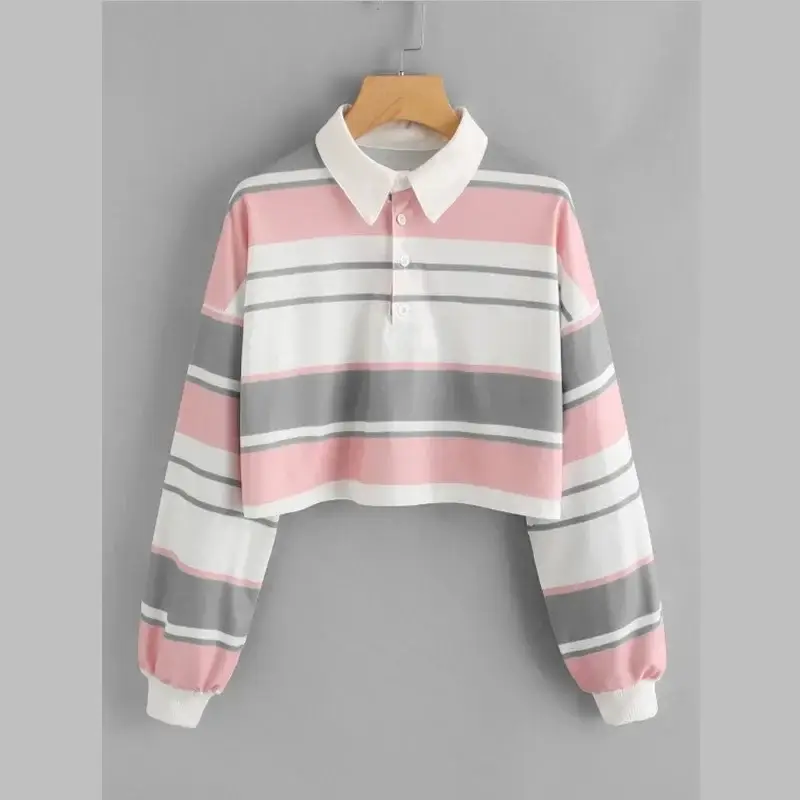 Women Rainbow Striped Polo Collar T-Shirt 2024 Spring Autumn Casual Short Jacket - Image 24