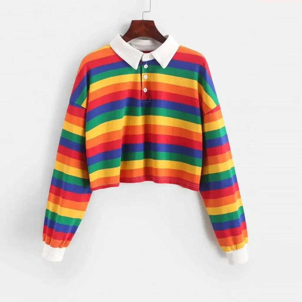 Women Rainbow Striped Polo Collar T-Shirt 2024 Spring Autumn Casual Short Jacket - Image 5