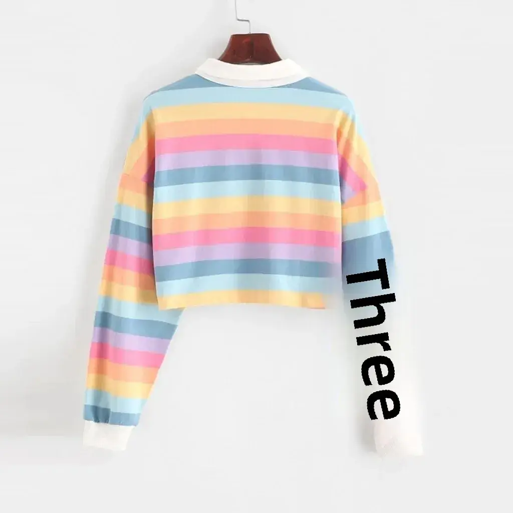 Women Rainbow Striped Polo Collar T-Shirt 2024 Spring Autumn Casual Short Jacket - Image 6