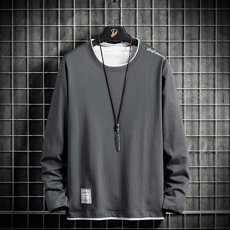 Men Pure Cotton Long Sleeve White T-Shirt Korean Style