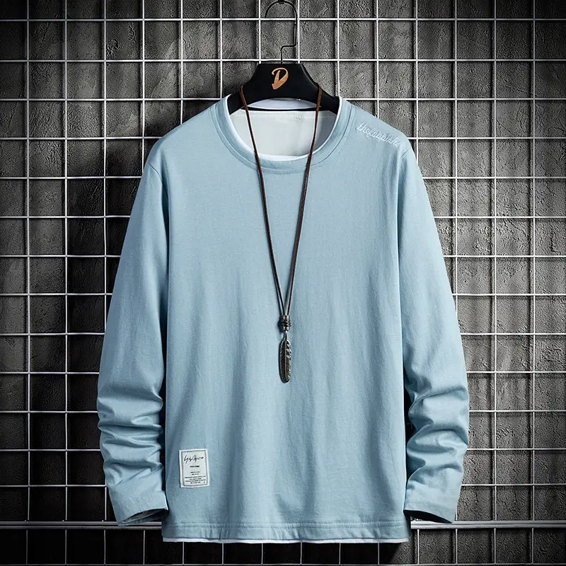 Men Pure Cotton Long Sleeve White T-Shirt Korean Style