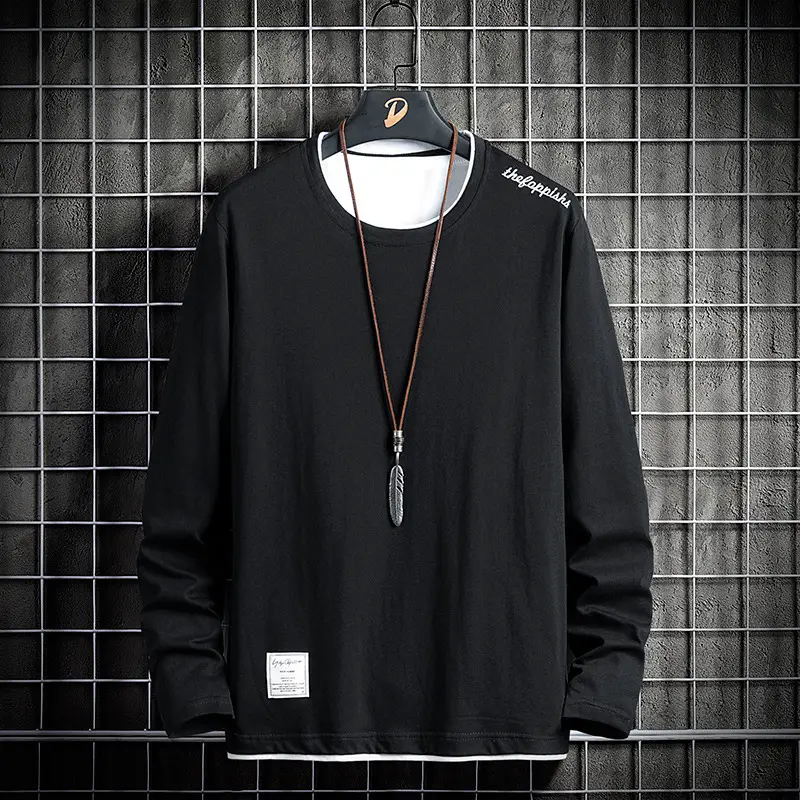 Men Pure Cotton Long Sleeve White T-Shirt Korean Style