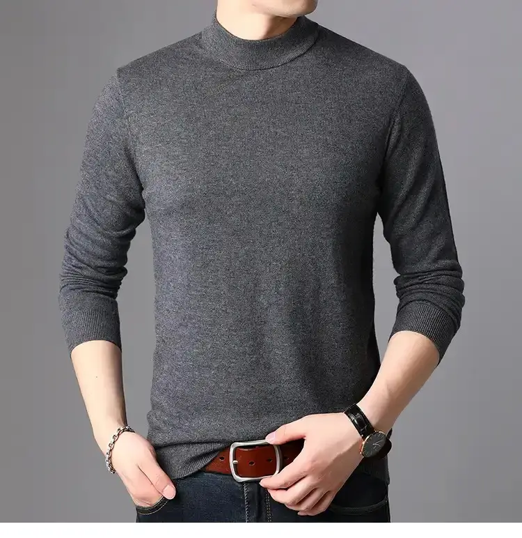 Men's Gray Knit Half Turtleneck Pullover Sweater - Image 7