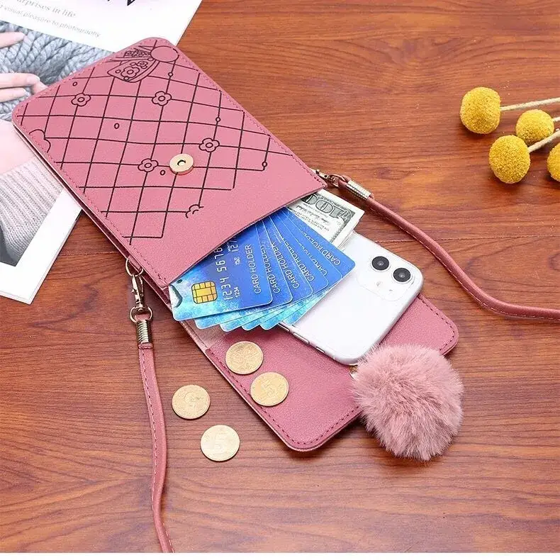 Women's Purple Touch Screen Mobile Bag with Pom Pom - Image 12
