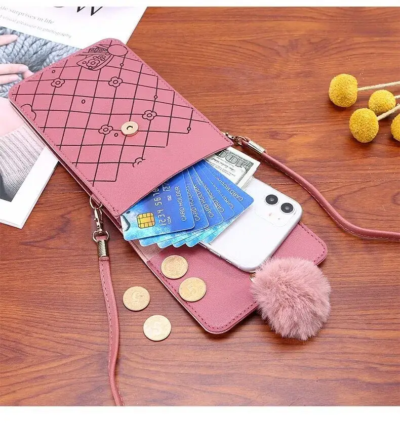 Women's Purple Touch Screen Mobile Bag with Pom Pom — feature 19