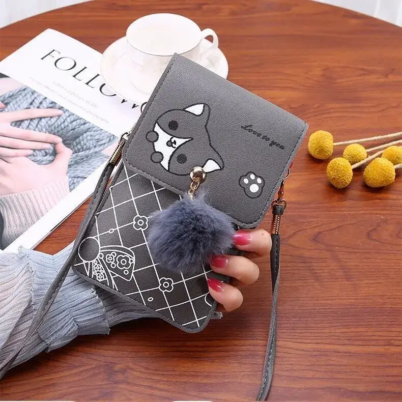 Women's Purple Touch Screen Mobile Bag with Pom Pom - Image 3