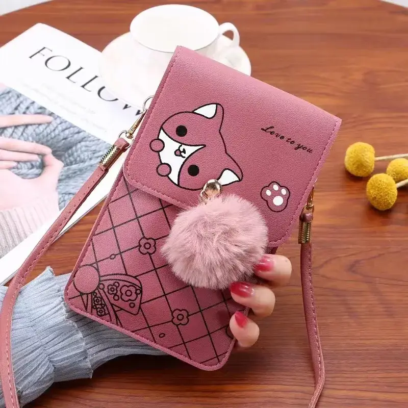 Women's Purple Touch Screen Mobile Bag with Pom Pom - Image 5
