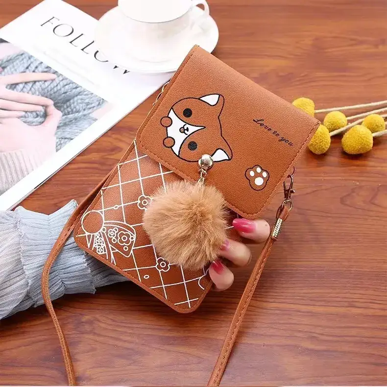 Women's Purple Touch Screen Mobile Bag with Pom Pom - Image 6
