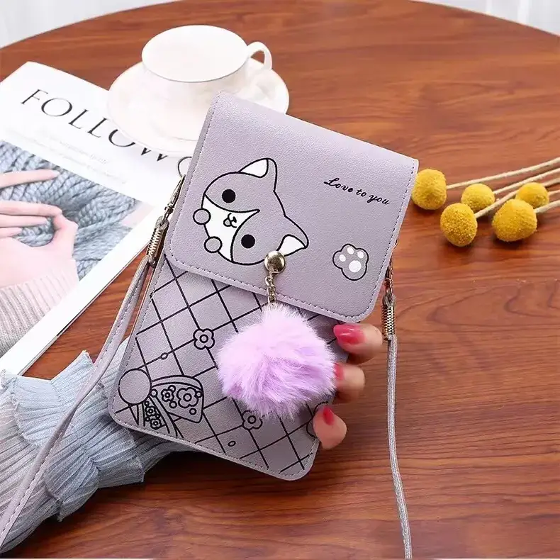 Women's Purple Touch Screen Mobile Bag with Pom Pom - Image 7
