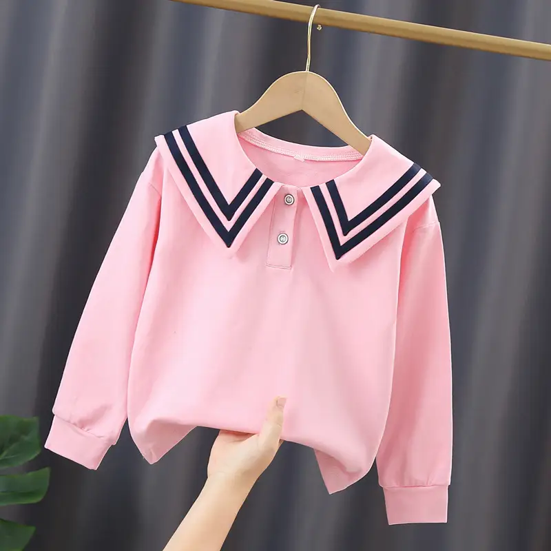 Girls Cotton Navy Lapel Top Long Sleeve Spring Autumn - Image 4
