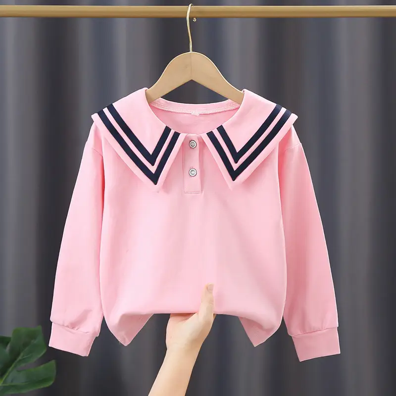 Girls Cotton Navy Lapel Top Long Sleeve Spring Autumn - Image 2