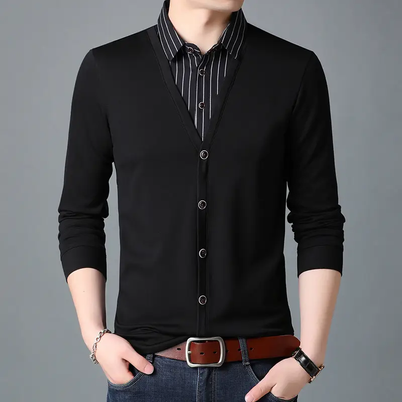 Men's Black V-Neck Faux Two-Piece Long Sleeve Shirt
