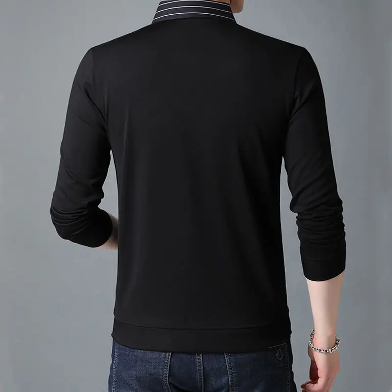 Men's Black V-Neck Faux Two-Piece Long Sleeve Shirt