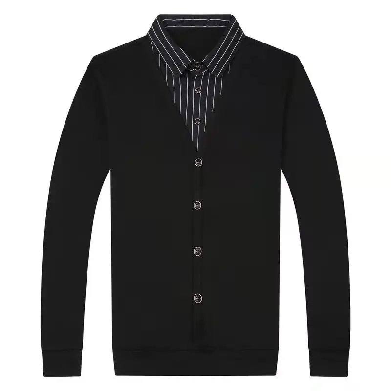 Men's Black V-Neck Faux Two-Piece Long Sleeve Shirt