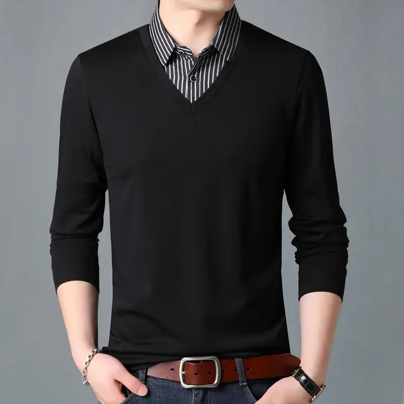 Men's Black V-Neck Faux Two-Piece Long Sleeve Shirt