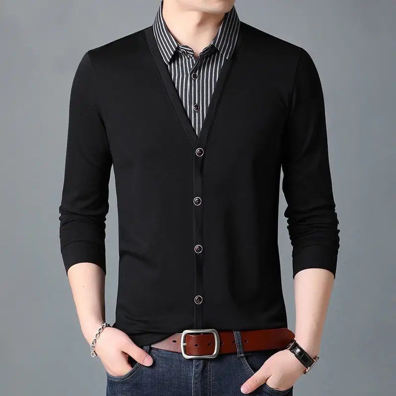 Men's Black V-Neck Faux Two-Piece Long Sleeve Shirt