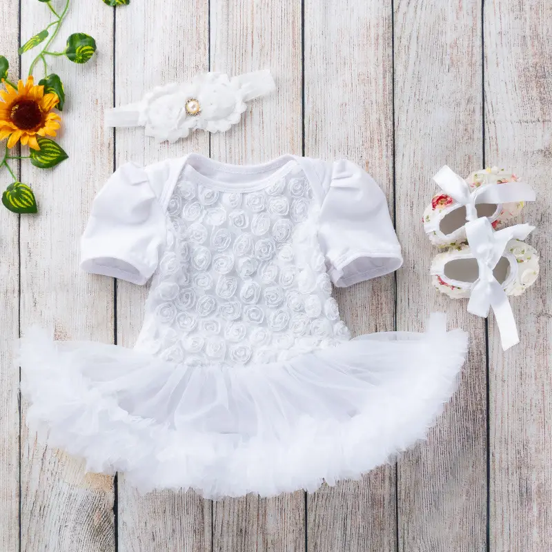 White Embroidered Princess Dress for Baby Girls with Tulle Skirt & Headband - Image 8
