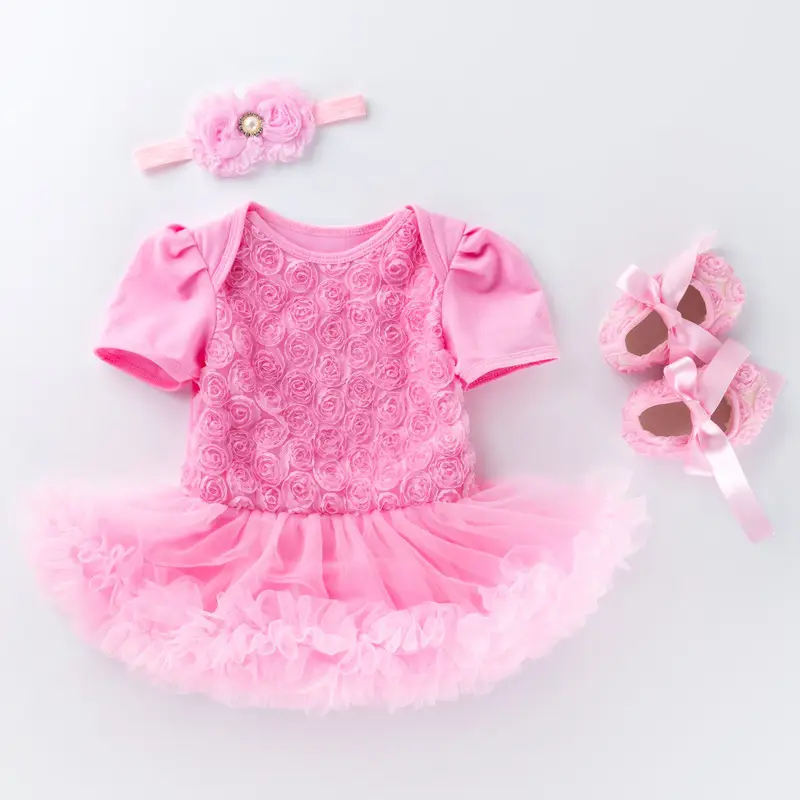 White Embroidered Princess Dress for Baby Girls with Tulle Skirt & Headband - Image 3