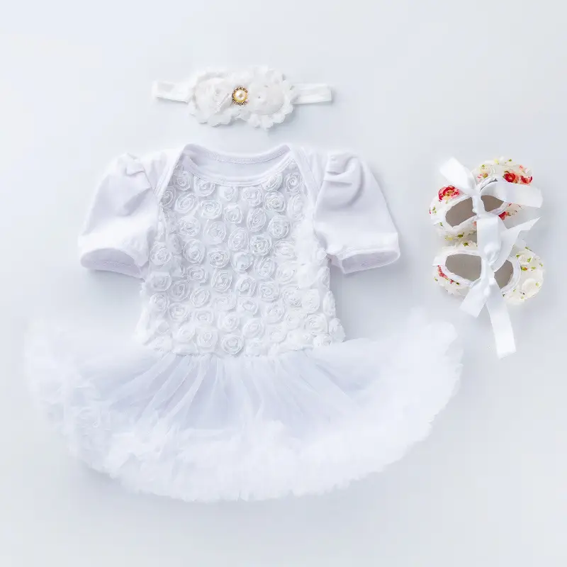 White Embroidered Princess Dress for Baby Girls with Tulle Skirt & Headband - Image 4