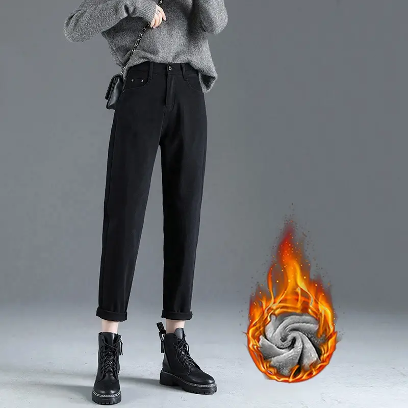 Fleece Lined Thickened Jeans Women Black Slimming High Waist - Image 6