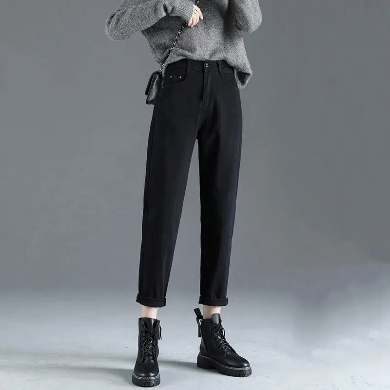 Fleece Lined Thickened Jeans Women Black Slimming High Waist - Image 3