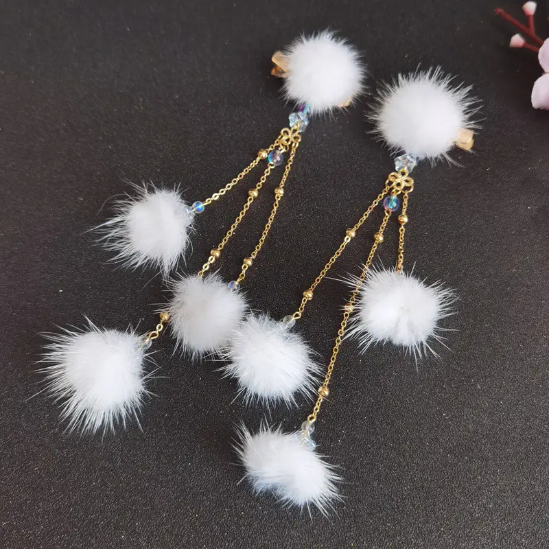 Winter Mink Hair Ball Clips for Women Hanfu Accessories