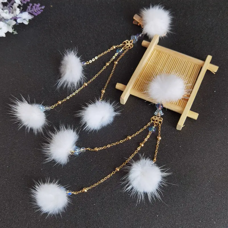Winter Mink Hair Ball Clips for Women Hanfu Accessories