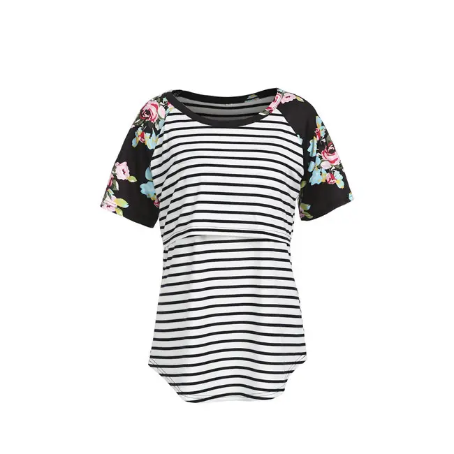 Women Striped Floral Sleeve Nursing Top - Image 3